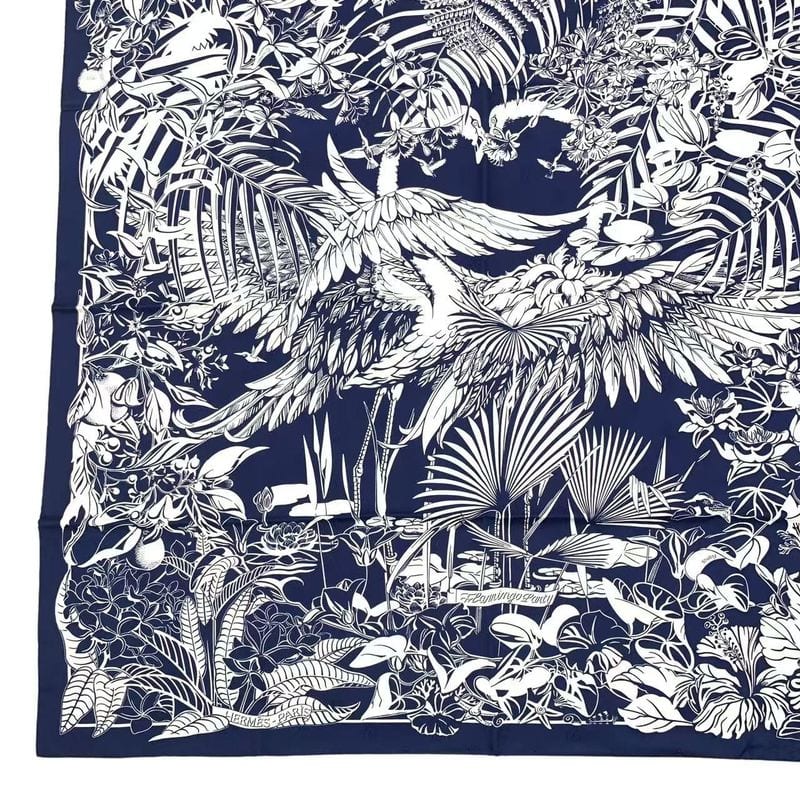 Hermes Carre 90 Scarf Silk Flamingo Party Bee Pattern White — view 5