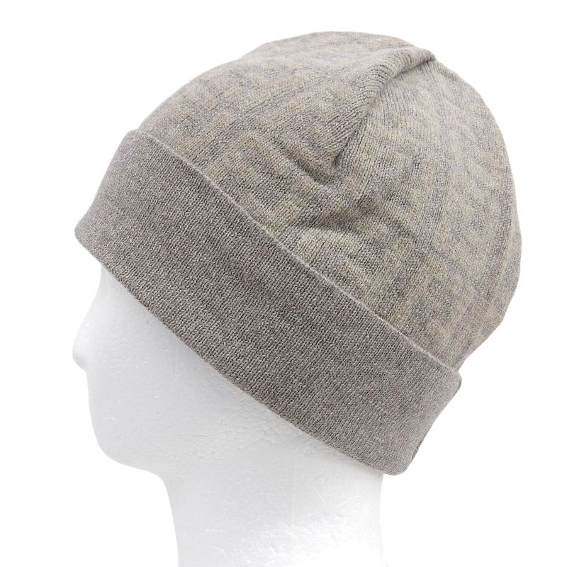 Fendi Wool Cashmere Blend Zucca Pattern Beanie Knit Cap Brown Beige TU — view 2