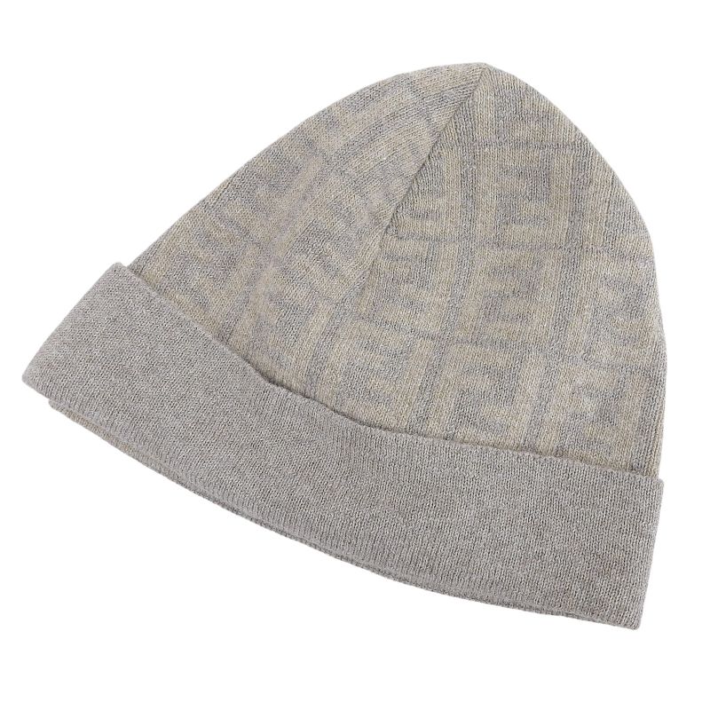 Fendi Wool Cashmere Blend Zucca Pattern Beanie Knit Cap Brown Beige TU — view 4