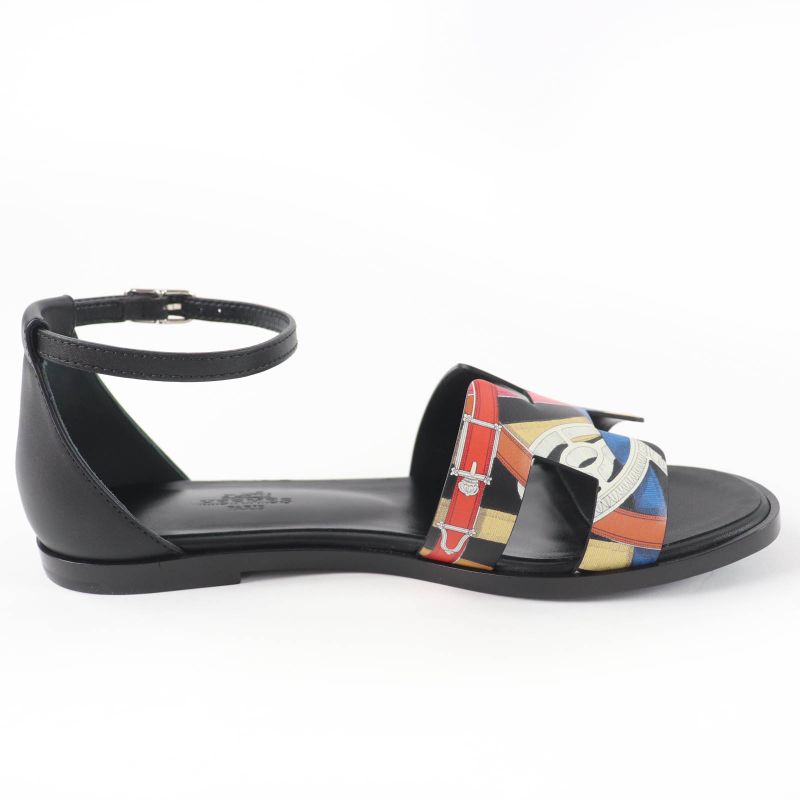 Hermes Santorini Ankle Strap Leather Sandals Black Multicolor 35 Boxes — view 6