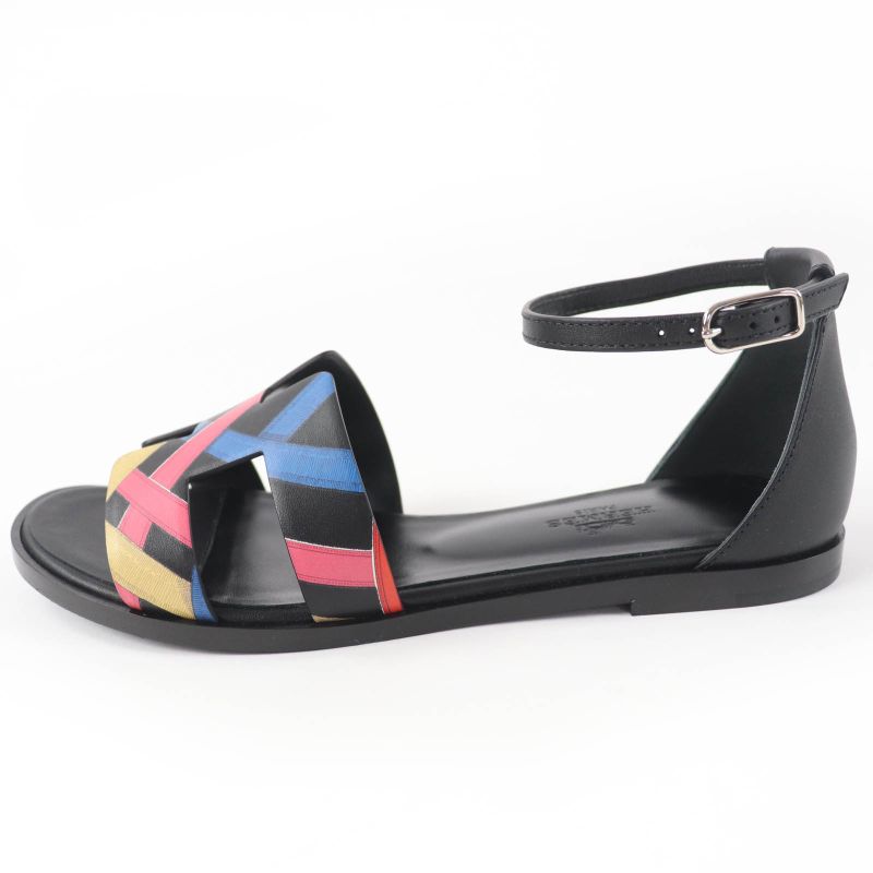Hermes Santorini Ankle Strap Leather Sandals Black Multicolor 35 Boxes — view 5