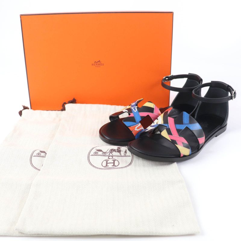 Hermes Santorini Ankle Strap Leather Sandals Black Multicolor 35 Boxes — view 2
