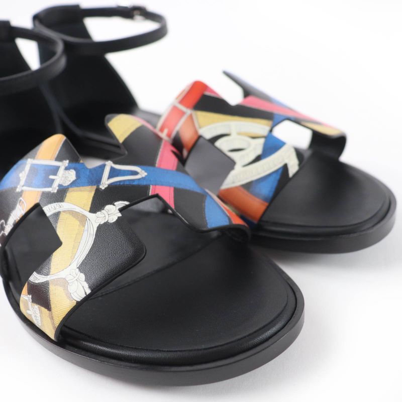 Hermes Santorini Ankle Strap Leather Sandals Black Multicolor 35 Boxes — view 8