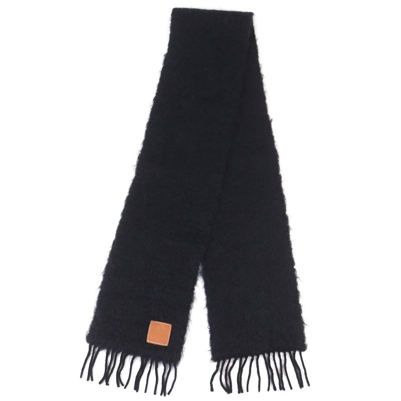 Loewe Mohair Wool Anagram Logo Patch Fringe Long Muffler Black Scarf — view 2