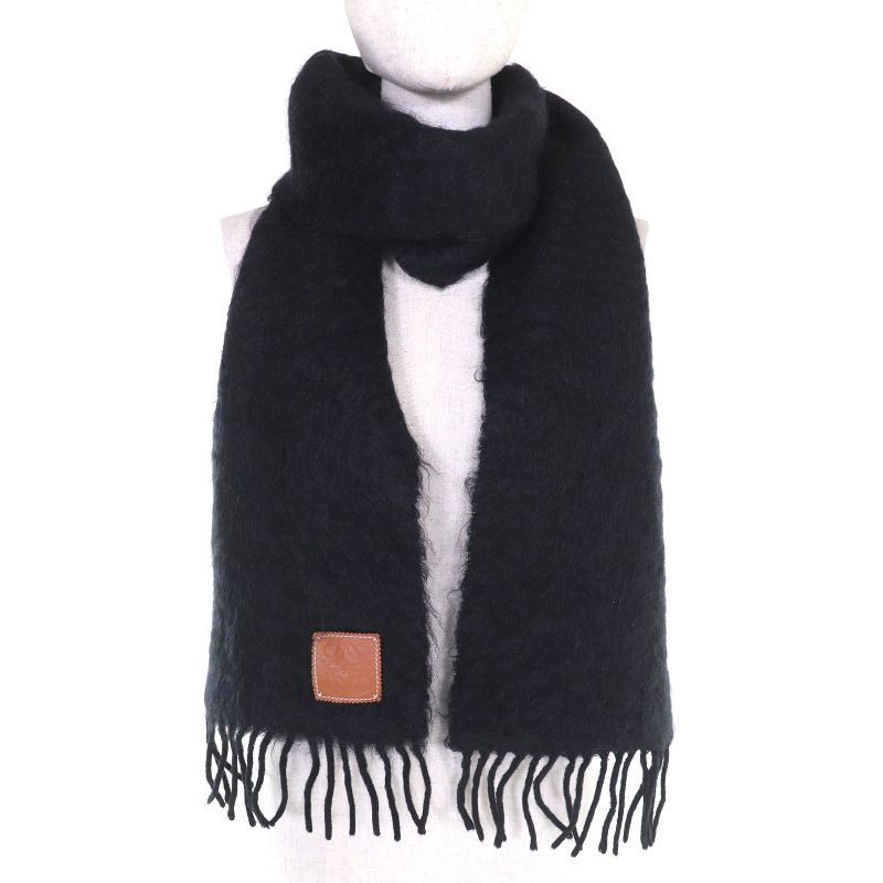 Loewe Mohair Wool Anagram Logo Patch Fringe Long Muffler Black Scarf — view 3