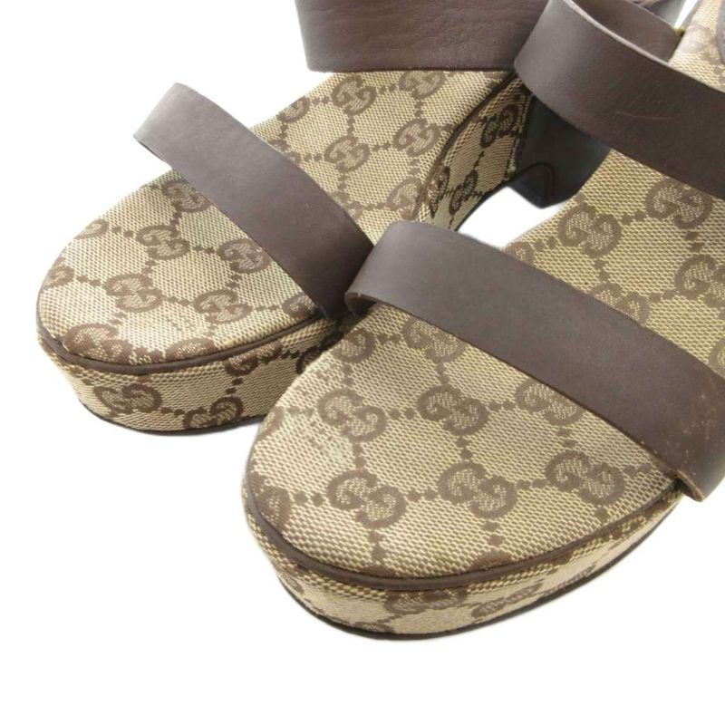 Gucci Sandals GG Canvas 36 Leather Brown Platform Thick Sole FF GY18 — view 3