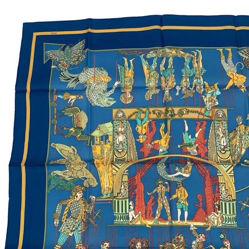 Hermes Carre 90 LE Temps Des Marionnettes Marionette Time Silk Scarf Blue — view 3