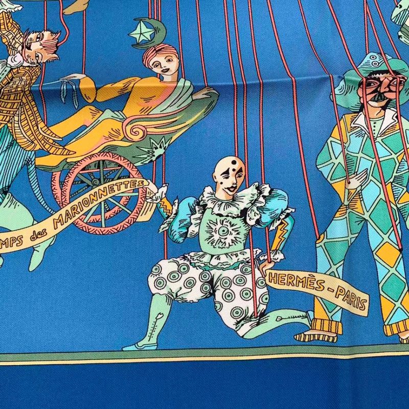 Hermes Carre 90 LE Temps Des Marionnettes Marionette Time Silk Scarf Blue — view 7