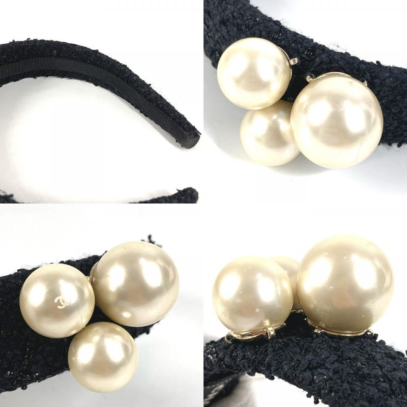 Chanel Headband CC Logo Coco Mark Faux Pearl Tweed Canvas Black — view 8
