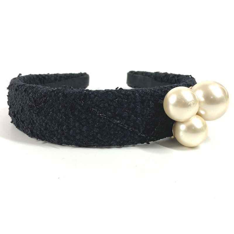 Chanel Headband CC Logo Coco Mark Faux Pearl Tweed Canvas Black — view 2