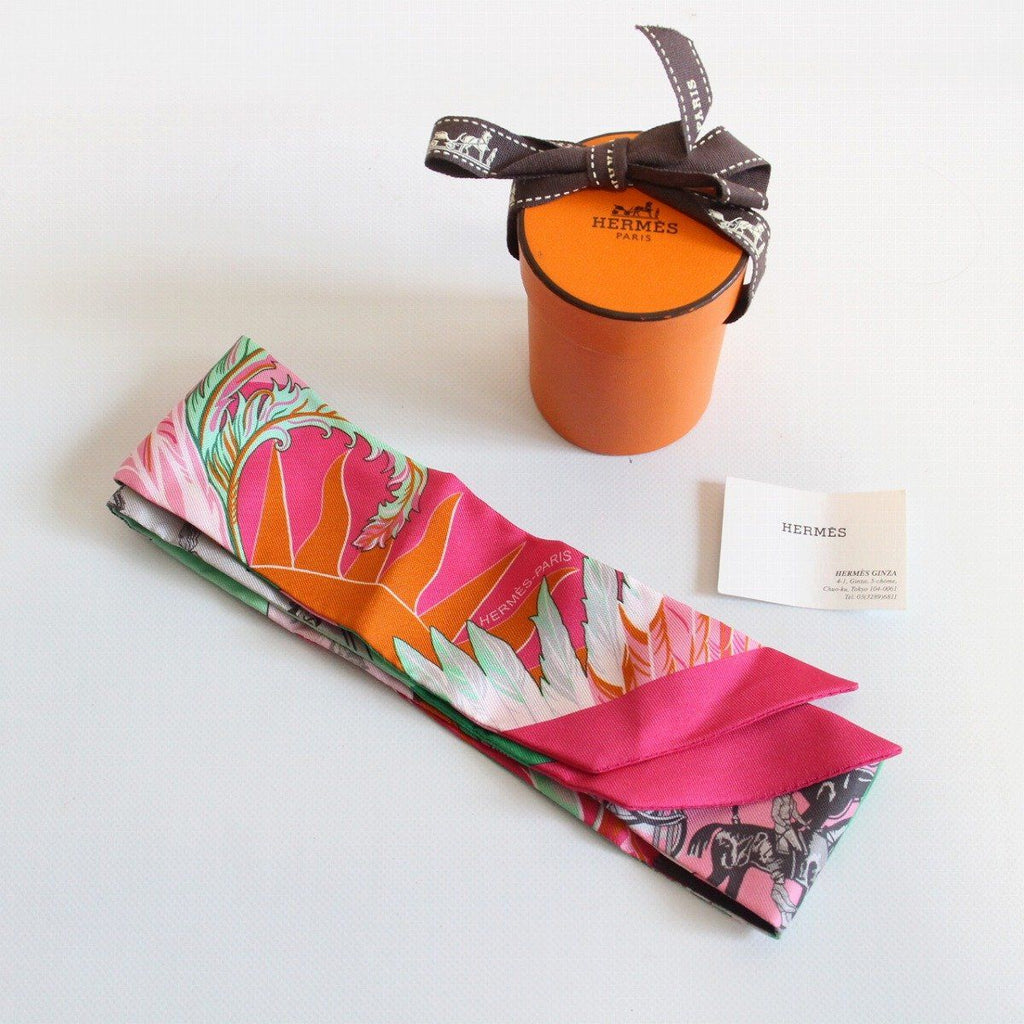 Hermes Twilly Horse and Phoenix Silk Pink Green Scarf — view 9