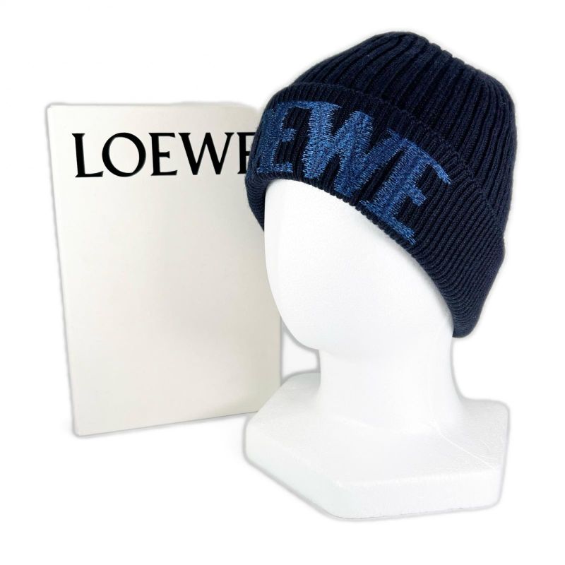 Loewe X23 100% Wool Logo Design Beanie Knit Cap Navy Blue — view 2