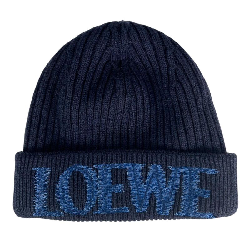Loewe X23 100% Wool Logo Design Beanie Knit Cap Navy Blue — view 5