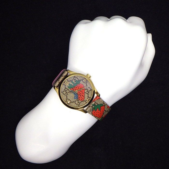 Gucci Watch G Timeless 126.4 Beige GG Supreme Strawberry Pattern Fabric Dial GP — view 9