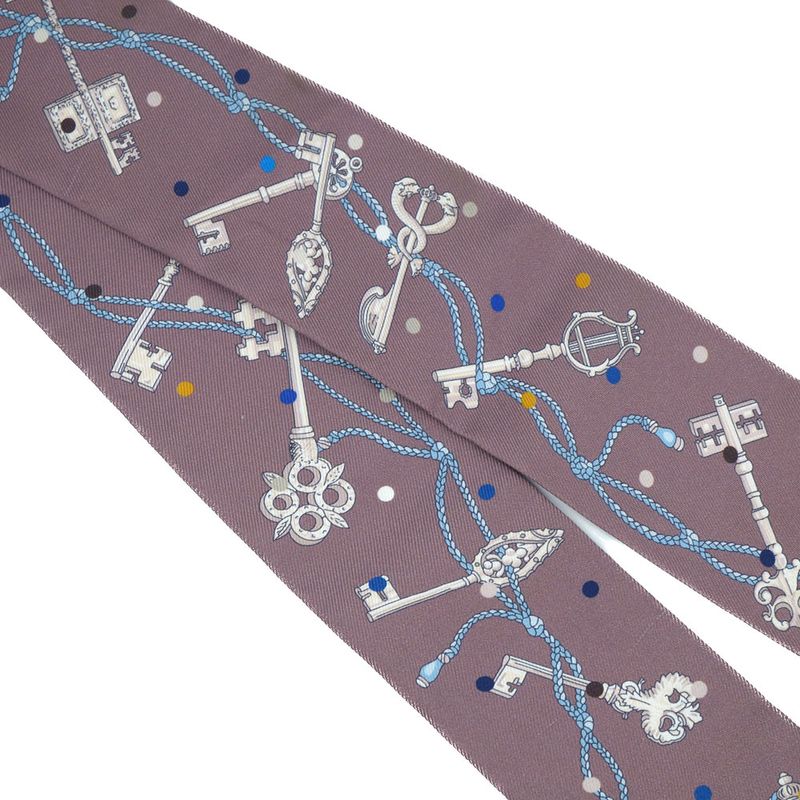 Hermes Les Cles A Pois Lecpois Twilly Scarf Ribbon 100% Silk Gray — view 4