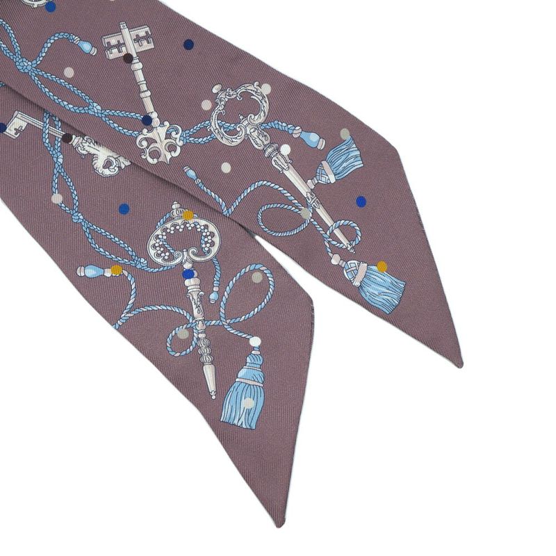 Hermes Les Cles A Pois Lecpois Twilly Scarf Ribbon 100% Silk Gray — view 3