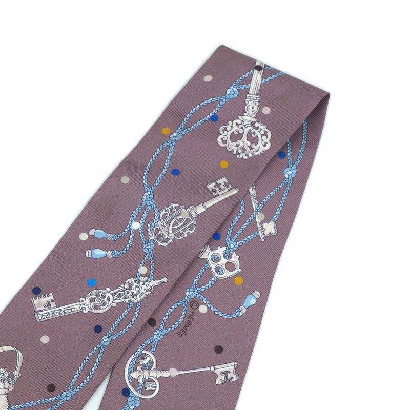 Hermes Les Cles A Pois Lecpois Twilly Scarf Ribbon 100% Silk Gray — view 8