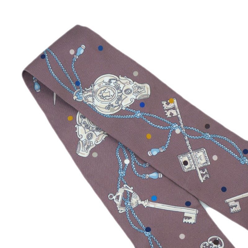 Hermes Les Cles A Pois Lecpois Twilly Scarf Ribbon 100% Silk Gray — view 5