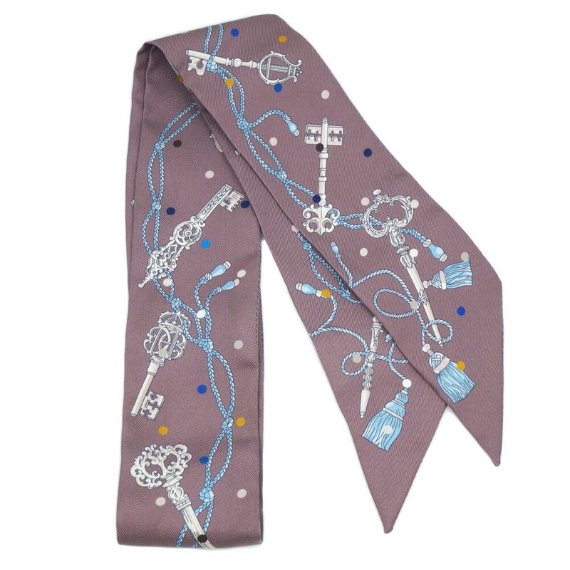 Hermes Les Cles A Pois Lecpois Twilly Scarf Ribbon 100% Silk Gray — view 2