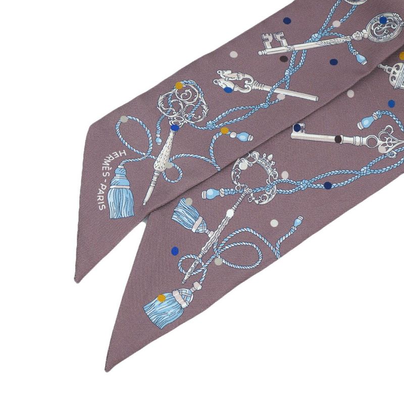 Hermes Les Cles A Pois Lecpois Twilly Scarf Ribbon 100% Silk Gray — view 6