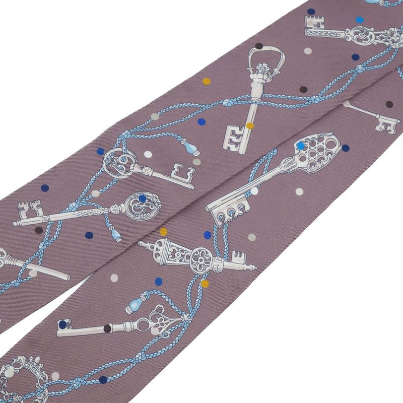 Hermes Les Cles A Pois Lecpois Twilly Scarf Ribbon 100% Silk Gray — view 7