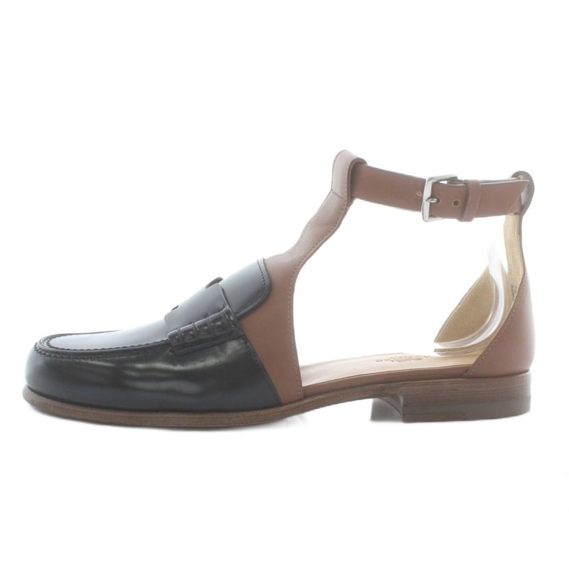 Hermes Sandals Loafers Leather Ankle Strap 38 Black Brown XZ GY19 — view 2