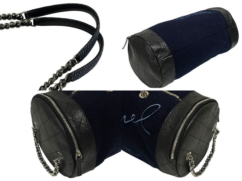 Chanel Embroidery Bag Navy Blue Wool Leather Silver — view 5