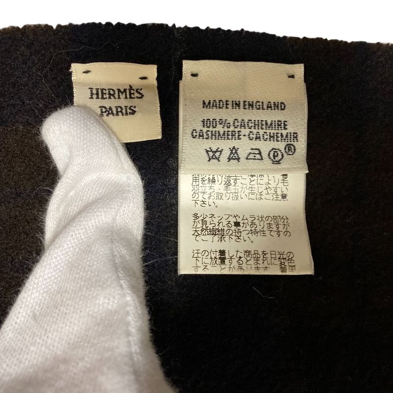 Hermes 100% Cashmere Check Muffler Brown Navy Scarf — view 6