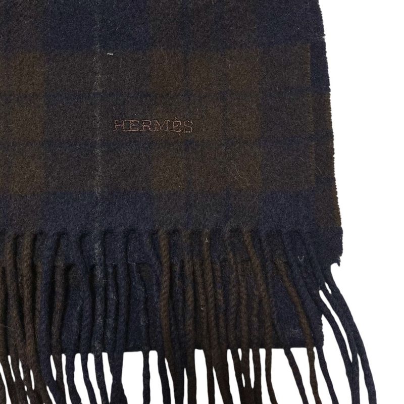 Hermes 100% Cashmere Check Muffler Brown Navy Scarf — view 4