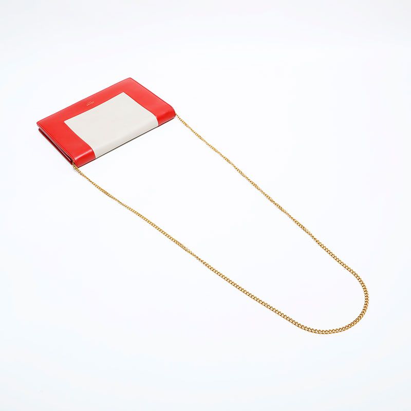Celine Shoulder Bag Leather Frame Chain Red Beige — view 9