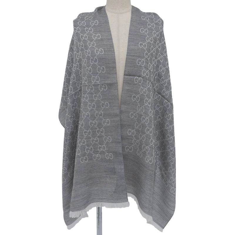 Gucci Wool Silk Blend GG Pattern Fringe Shawl Gray 45 180 cm — view 2