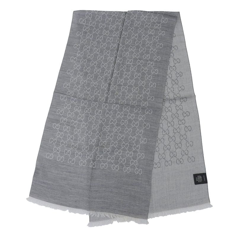Gucci Wool Silk Blend GG Pattern Fringe Shawl Gray 45 180 cm — view 3