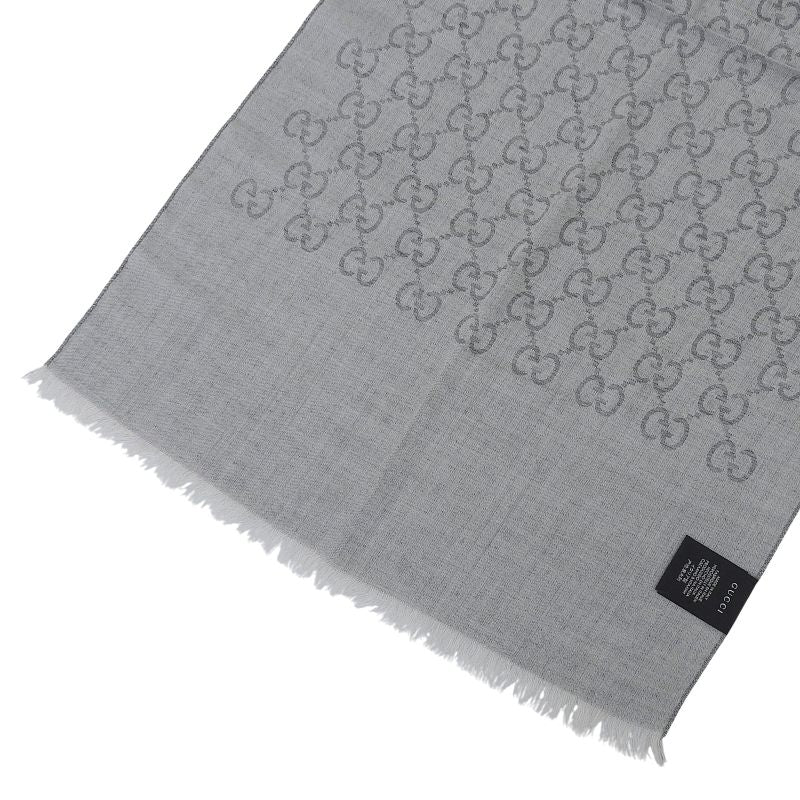 Gucci Wool Silk Blend GG Pattern Fringe Shawl Gray 45 180 cm — view 5