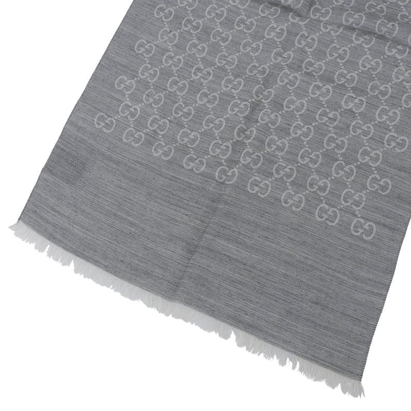 Gucci Wool Silk Blend GG Pattern Fringe Shawl Gray 45 180 cm — view 4
