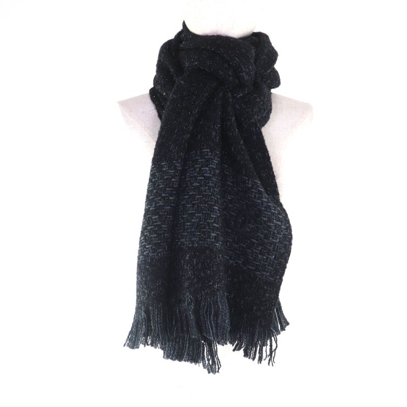 Chanel Cashmere Blend Coco Mark Embroidered Lame With Fringe Large Shawl Black — view 7