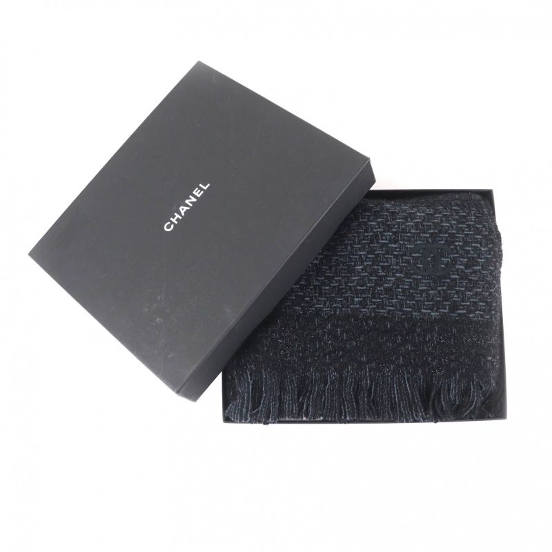 Chanel Cashmere Blend Coco Mark Embroidered Lame With Fringe Large Shawl Black — view 2