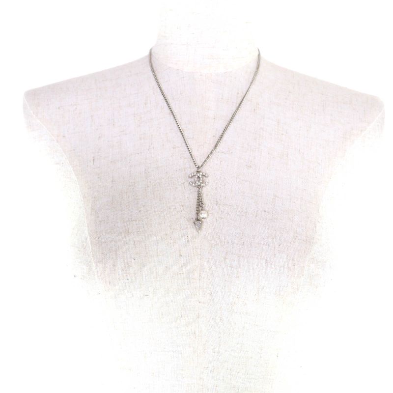 Chanel F25 C Coco Mark Rhinestone Faux Pearl Necklace Pendant Silver — view 4