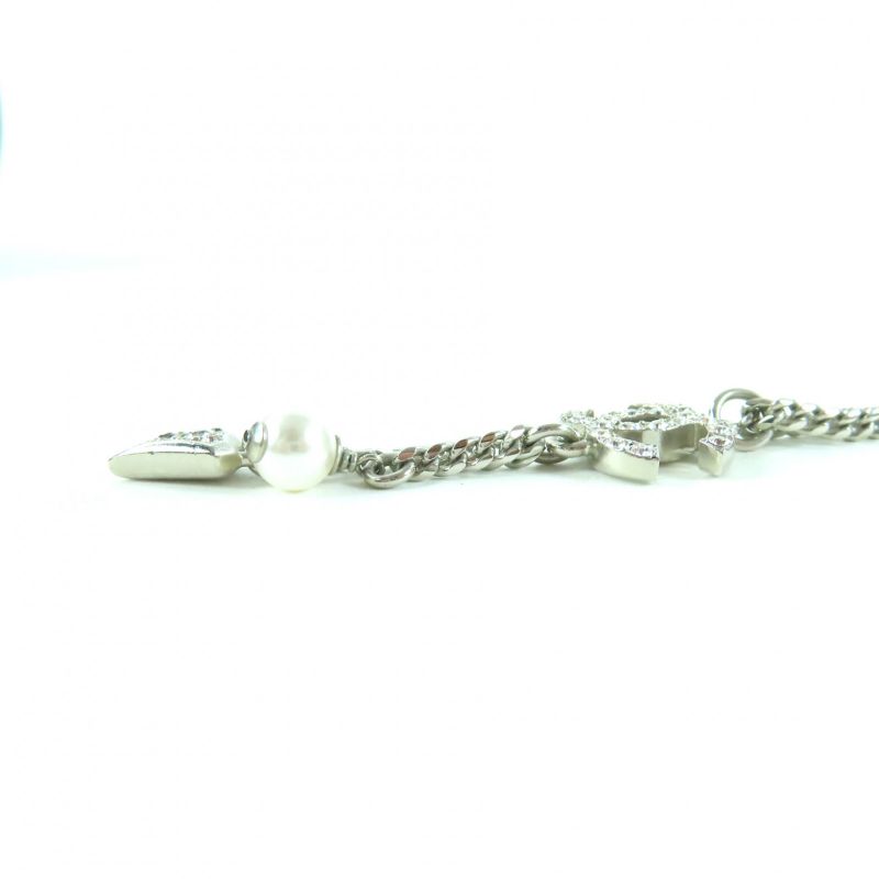 Chanel F25 C Coco Mark Rhinestone Faux Pearl Necklace Pendant Silver — view 6