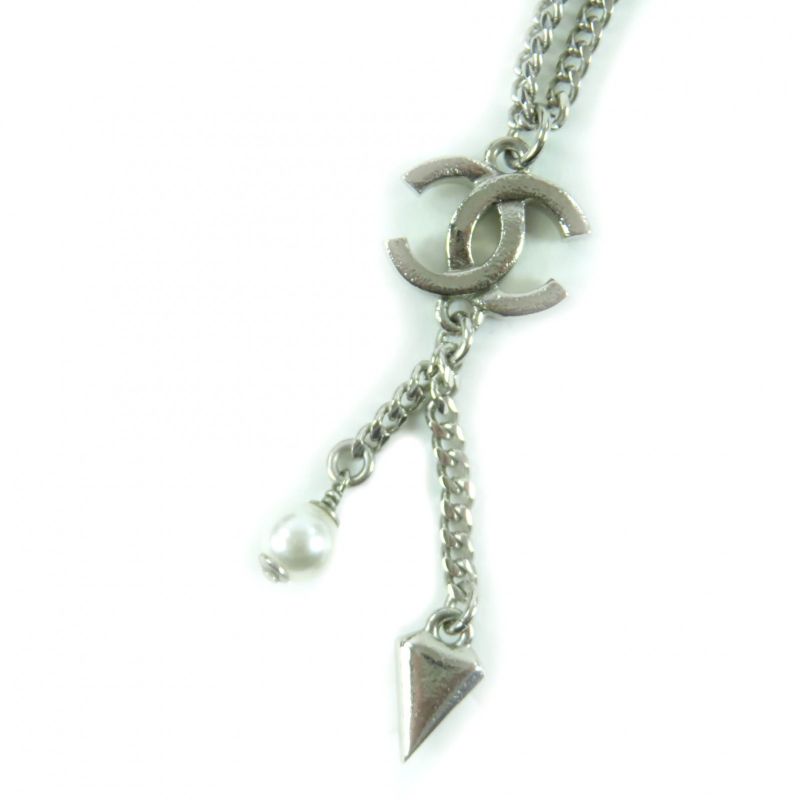 Chanel F25 C Coco Mark Rhinestone Faux Pearl Necklace Pendant Silver — view 3