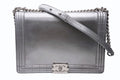 Chanel Boy Chain Shoulder Bag CC Logo Calfskin Silver
