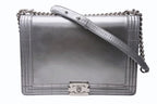 Chanel Boy Chain Shoulder Bag CC Logo Calfskin Silver