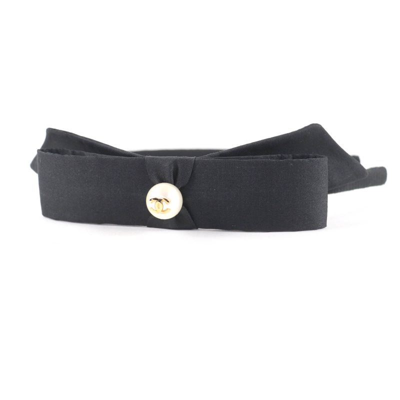 Chanel 25 P Aaa845 Coco Mark Ribbon Headband With Faux Pearl Hair Accessory — view 3