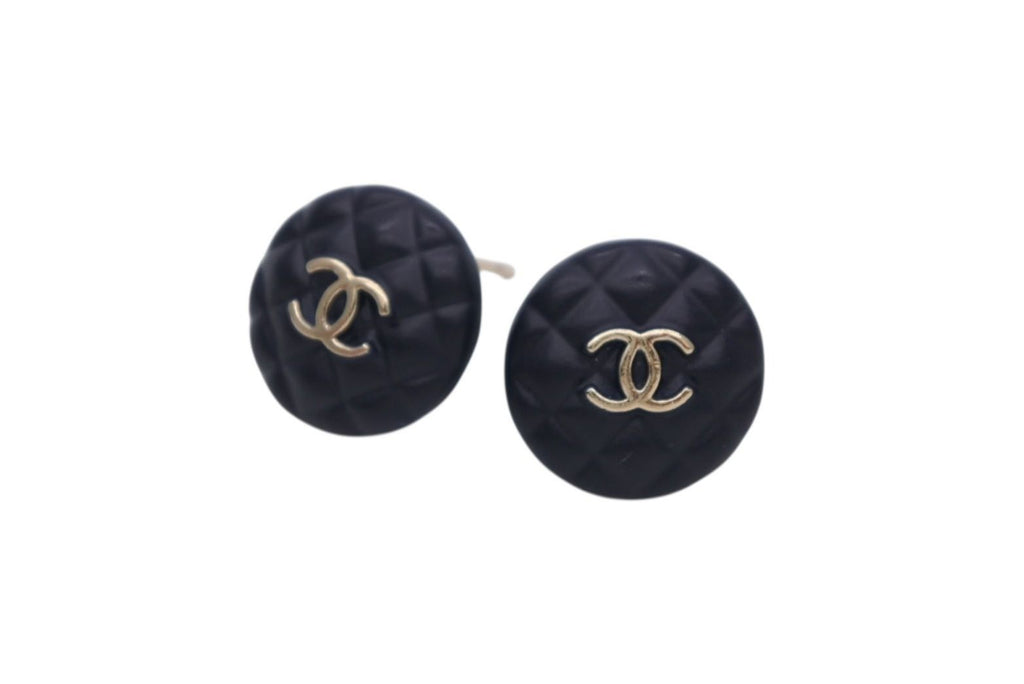 Chanel CC Logo Earrings Quilted Motif Metal Navy Gold