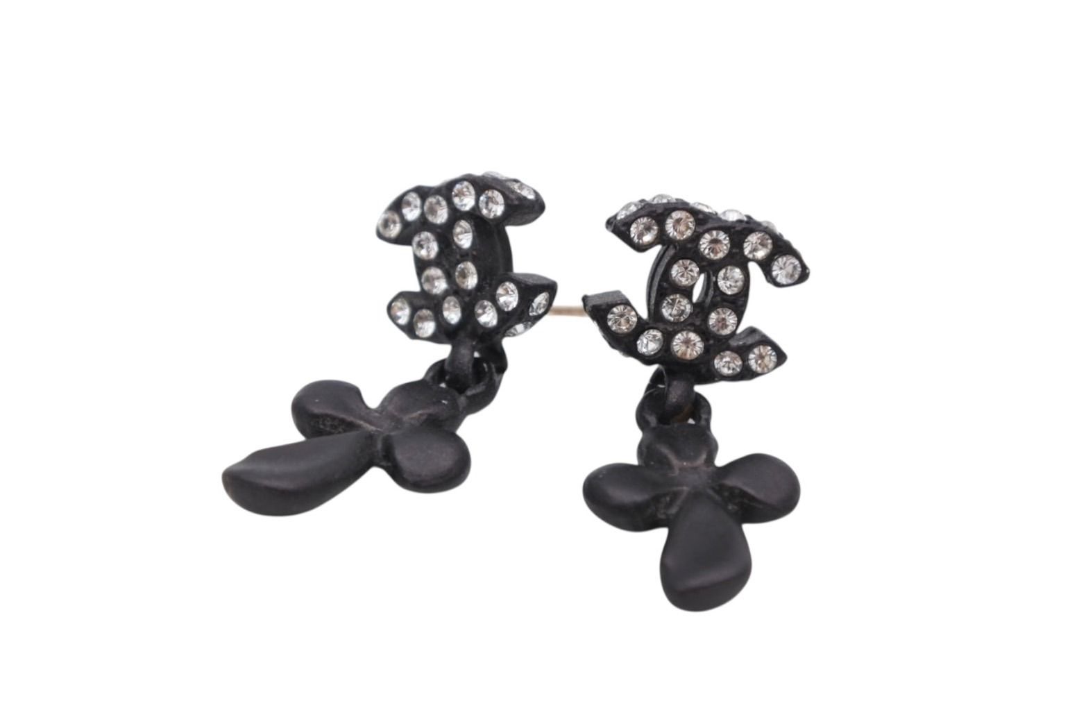 Chanel CC Logo Drop Earrings 01 Metal Rhinestone Black Clear