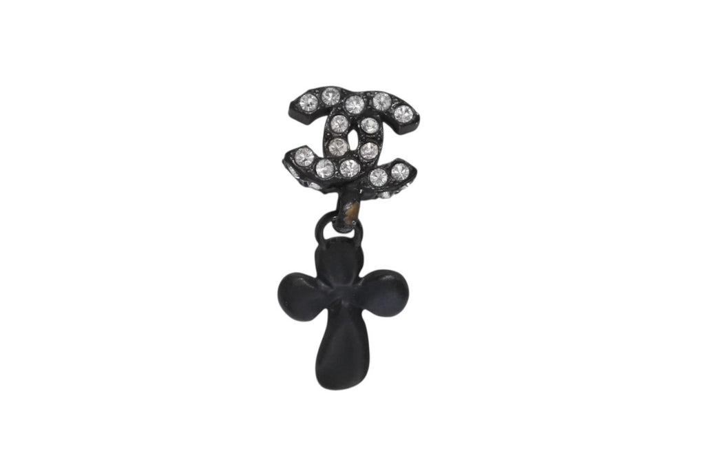 Chanel CC Logo Drop Earrings 01 Metal Rhinestone Black Clear — view 2