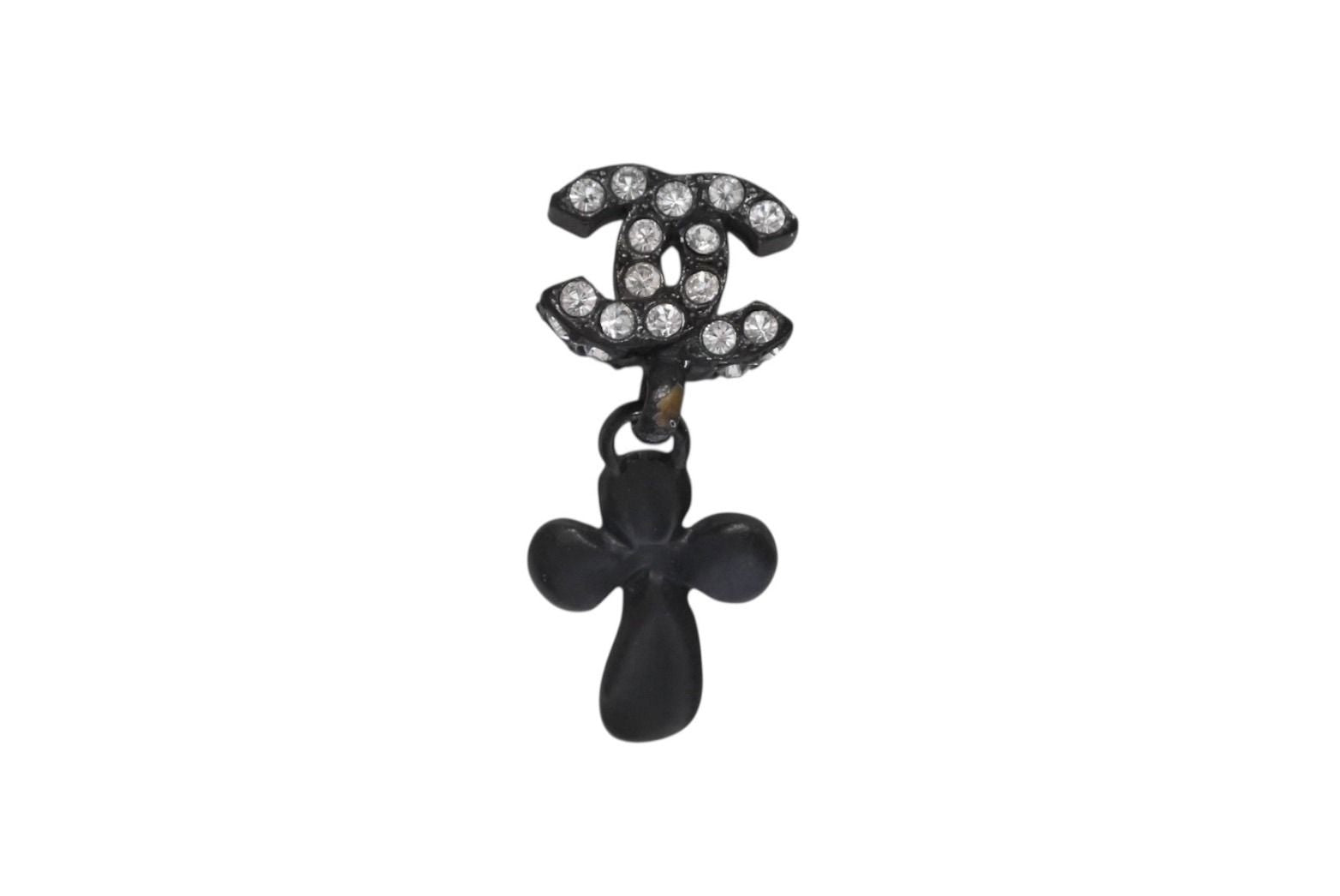 Chanel CC Logo Drop Earrings 01 Metal Rhinestone Black Clear — view 2