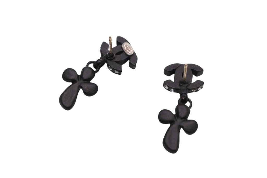 Chanel CC Logo Drop Earrings 01 Metal Rhinestone Black Clear — view 7