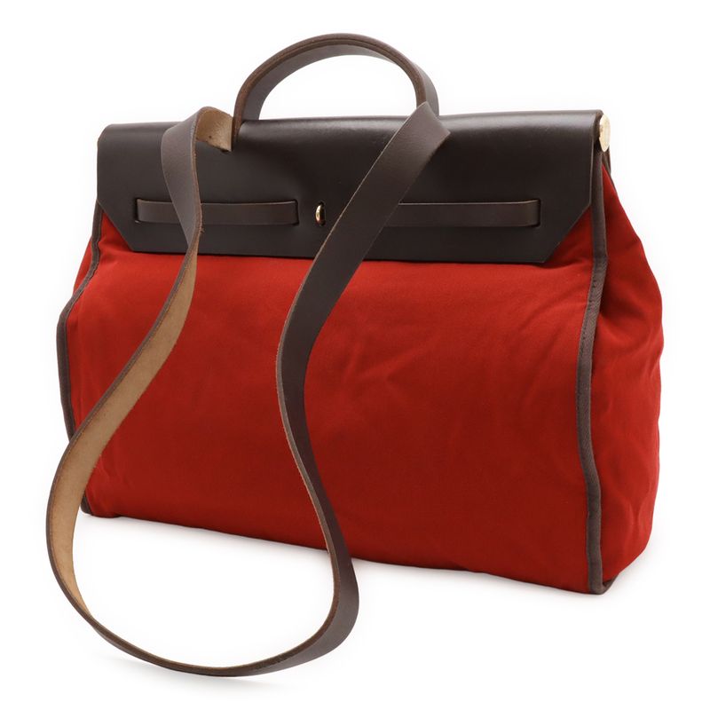 Hermes Herbag Her Bag MM Shoulder Pochette Canvas Leather Red Orange Dark — view 3