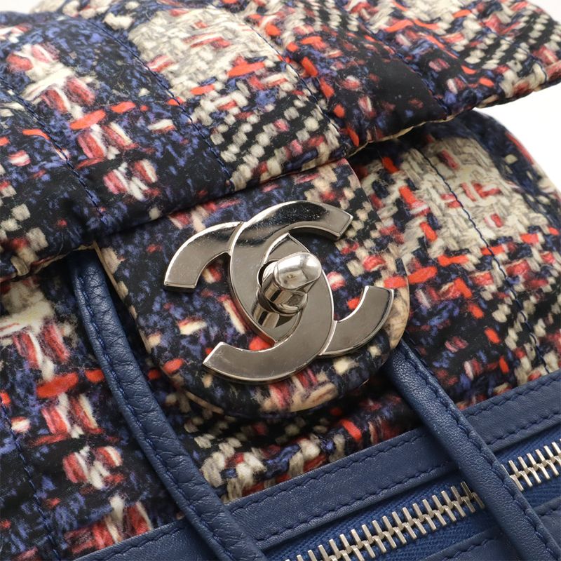 Chanel Tweed Print Chain Shoulder Rucksack Sac Backpack Nylon Blue — view 5
