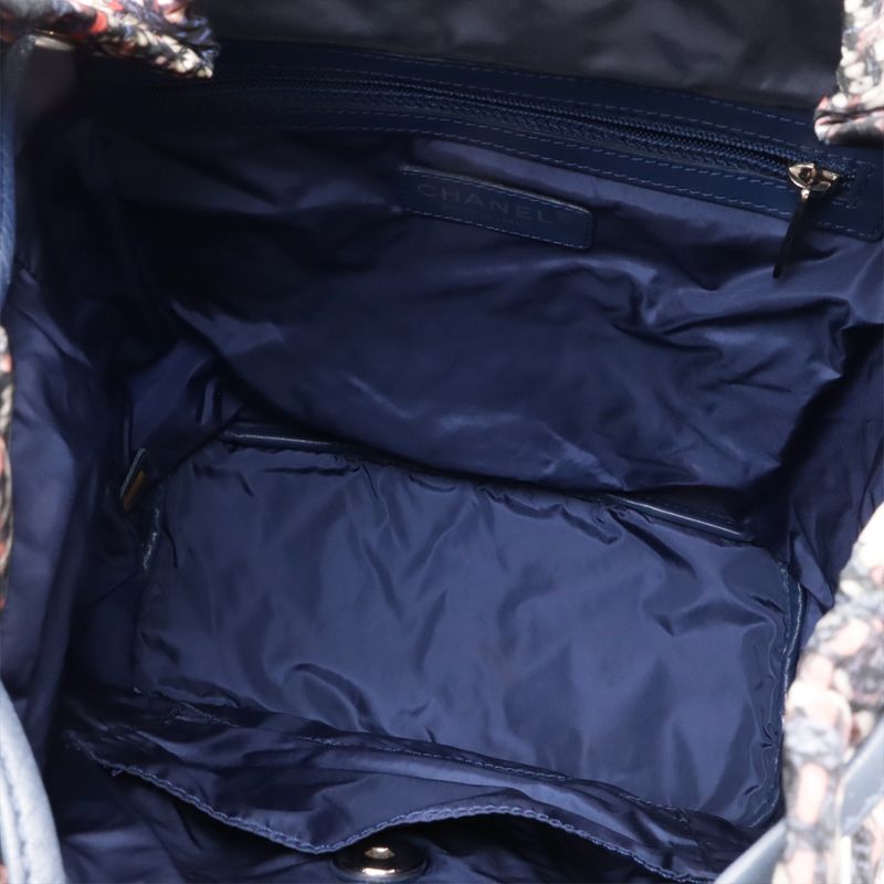 Chanel Tweed Print Chain Shoulder Rucksack Sac Backpack Nylon Blue — view 8
